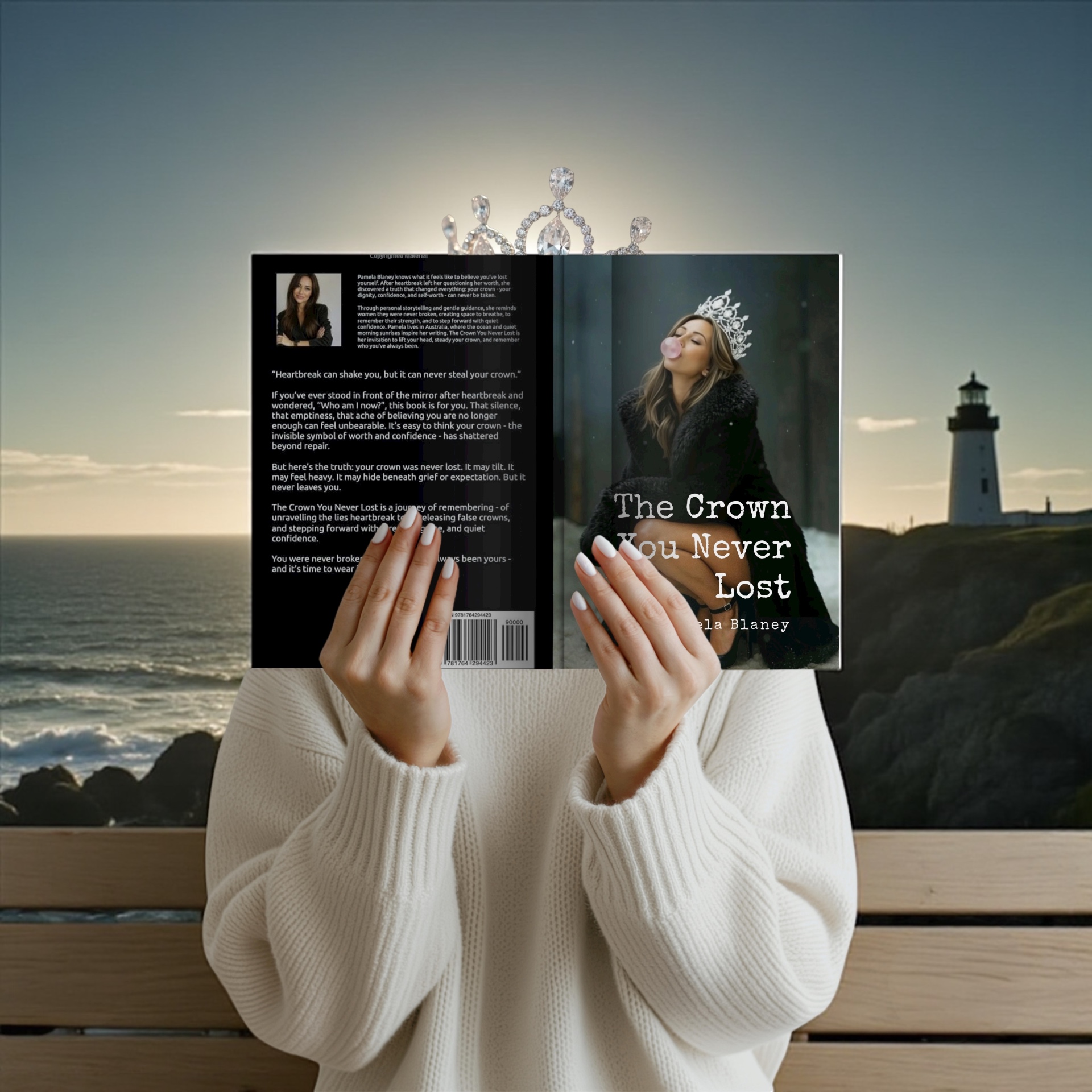 The Crown You Never Lost open to the back-cover blurb, beside a lighthouse and the sea
