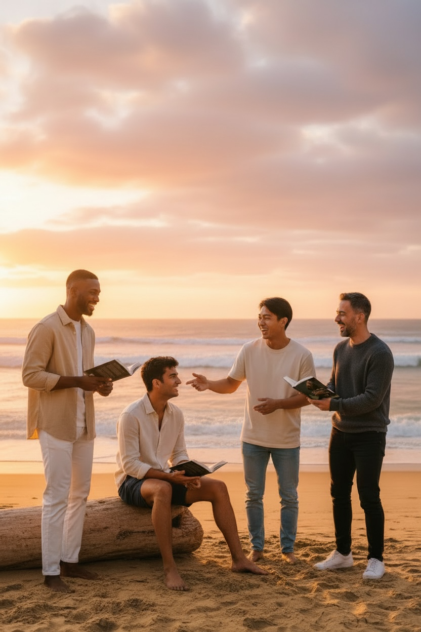 Four men on a beach at sunset, two holding the book, in open conversation.