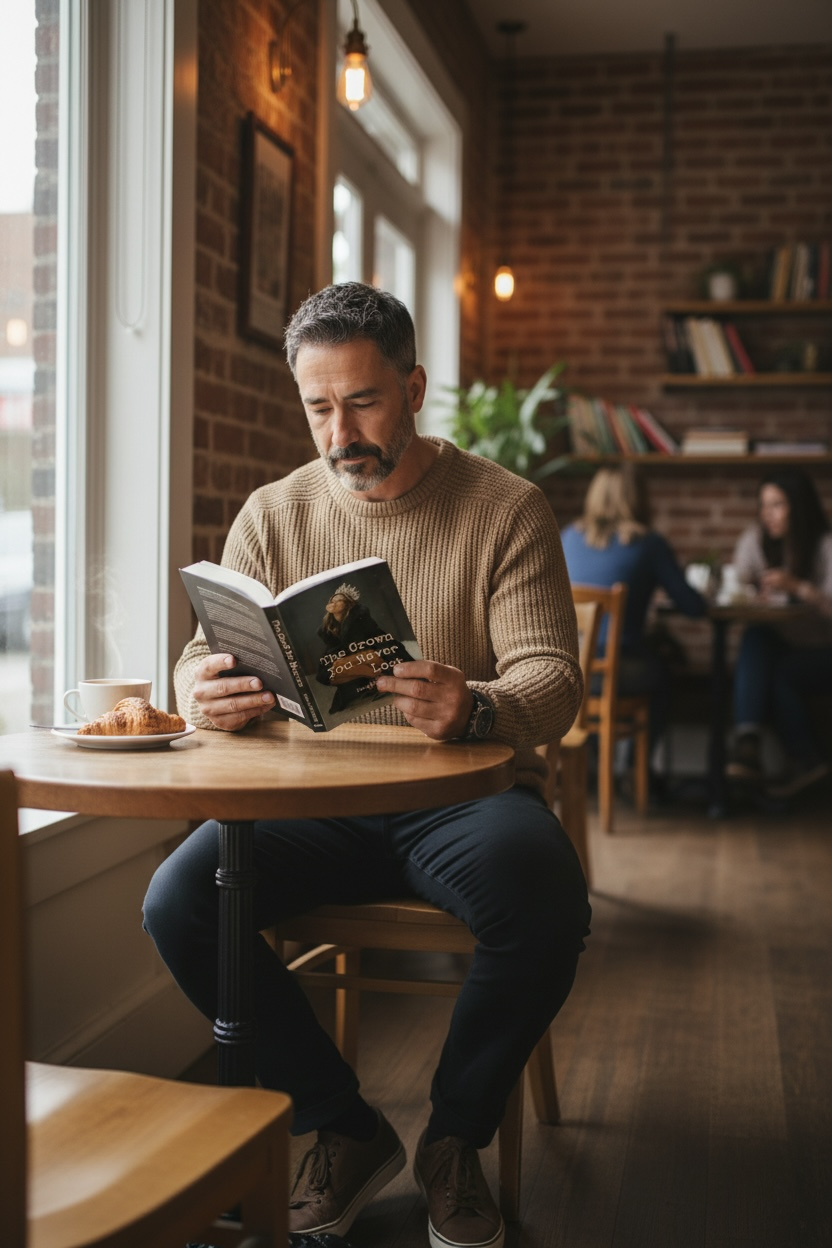 A man in his middle years reading the book at a corner cafe table.