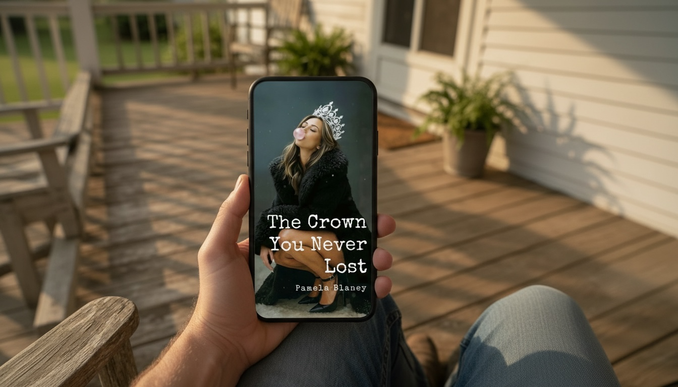 A man holding his phone on a sunlit porch, reading the book on screen.