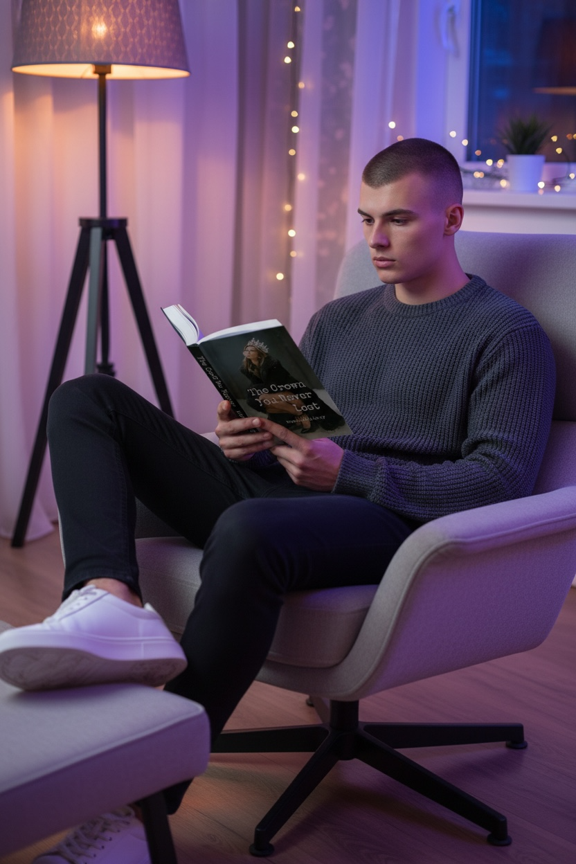 A young man reading The Crown You Never Lost in a quiet, softly lit room.